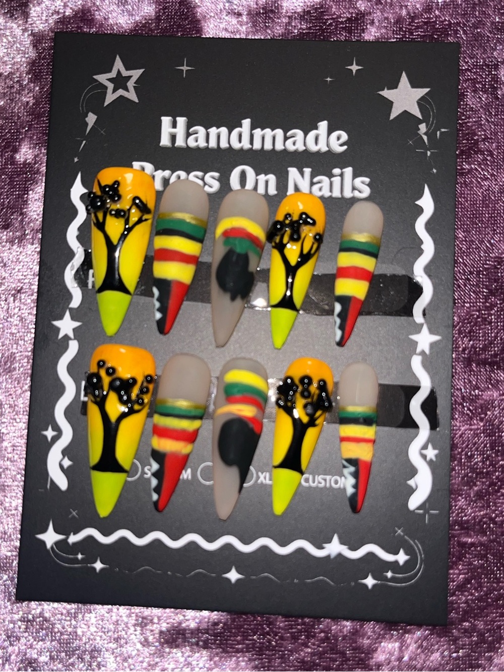 Handmade Press-On Nails in Yellow, Red & Green